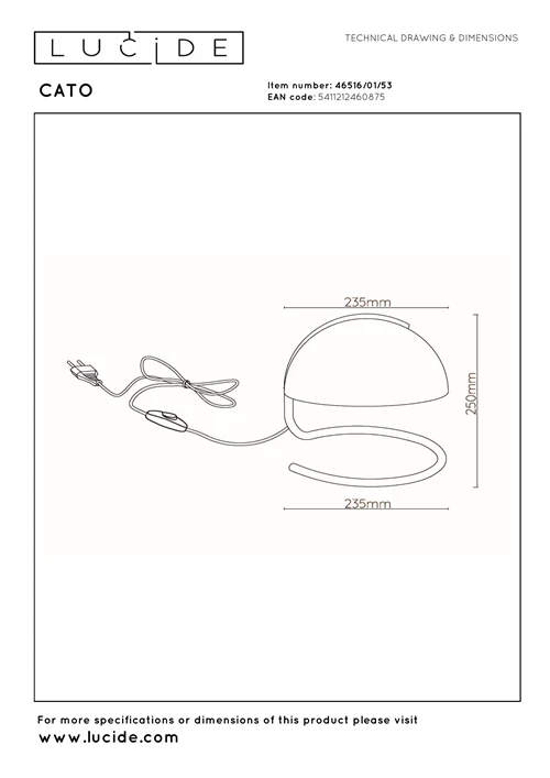 Lucide CATO - Tischlampe - Ø 23,5 cm - 1xE27 - Orange - technisch